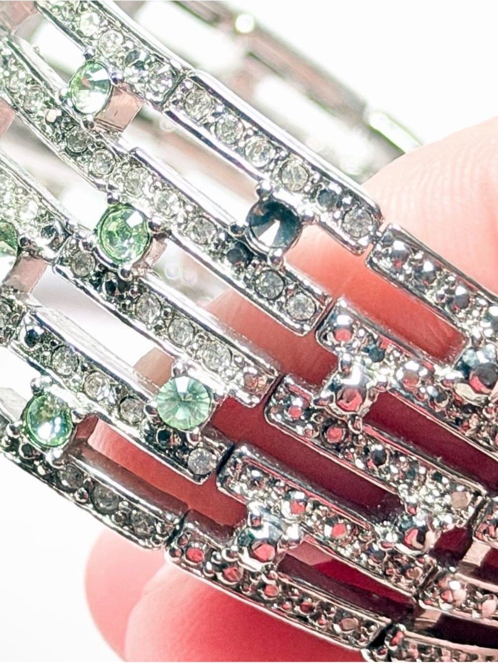 Monet Silver Tone Green Rhinestone Bracelet Wide Cuff Pave❗️1 Stone Missing - Picture 4 of 7